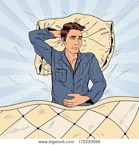 Pop Art Man in Bed Suffering Insomnia and Sleeplessness. Vector illustration