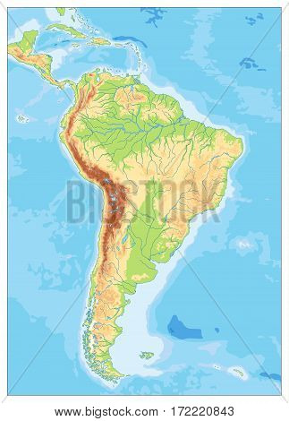 South America Detailed Physical Map with global relief lakes and rivers. No text .Highly detailed vector map.