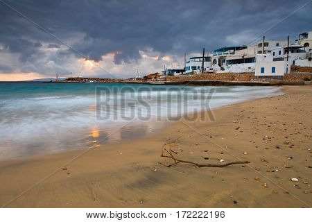 View of the village on Donoussa island from the beach. Naxos island can be seen in the background.