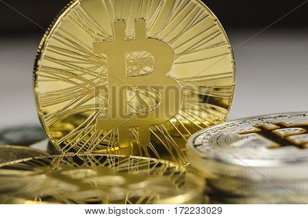 Makro Detail Of Shiny Gold Bitcoin Coin