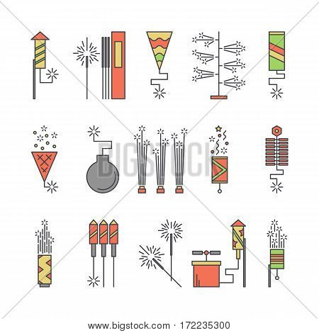 Colorful vector pyrotechnic icons. Firework explosion elements. Line petard salute illustration. Firecracker set. Entertainment decorating. Cartoon surprise flat pictogram. Show spark symbols