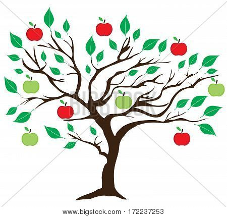 vector illustration of an apple tree with red and green apples