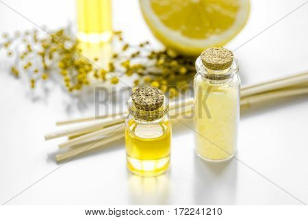 Cosmetic set for spa with organic aroms oils and sea salt for bath on white background