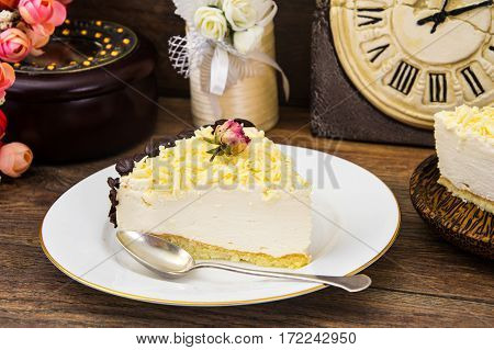 Cake piece Pigeon milk on plate. Stdio Photo