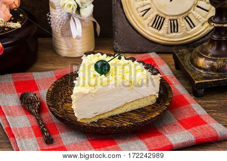 Cake piece Pigeon milk on plate. Stdio Photo