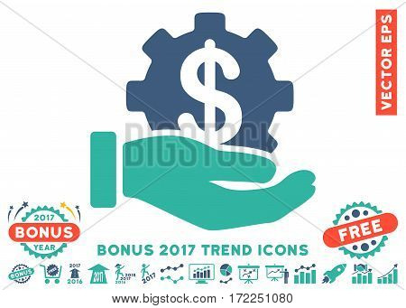 Cobalt And Cyan Financial Development Gear Hand pictogram with bonus 2017 year trend pictures. Vector illustration style is flat iconic bicolor symbols white background.