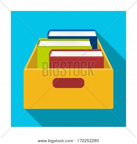 Books in box icon in flat design isolated on white background. Library and bookstore symbol stock vector illustration.