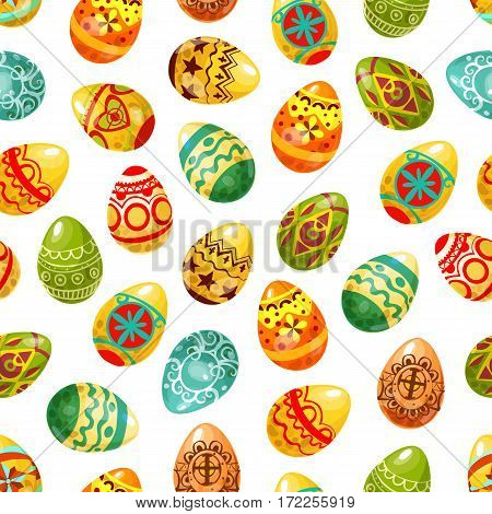 Easter egg seamless pattern background. Decorated Easter eggs with floral and geometric ornaments, cross, heart, flower and star pattern. Easter holiday decoration and egg hunt themes design