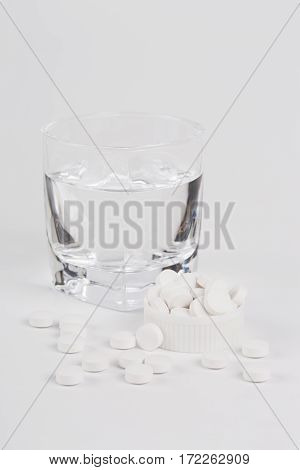 Round white pills and glass of water on a table waiting for eat