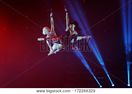 ST. PETERSBURG, RUSSIA - FEBRUARY 3, 2017: Dress rehearsal of the circus program CircUS 2.0. The program created in the Great Moscow Circus and reflects the vision of circus art of XXI century