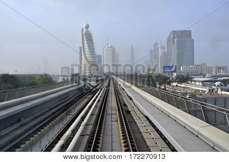 Dubai, United Arab Emirates - February 19, 2017, The Dubai Metro is a driverless, fully automated metro rail network in Dubai, United Arab Emirates