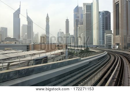 Dubai, United Arab Emirates - February 19, 2017, The Dubai Metro is a driverless, fully automated metro rail network in Dubai, United Arab Emirates