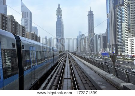 Dubai, United Arab Emirates - February 19, 2017, The Dubai Metro is a driverless, fully automated metro rail network in Dubai, United Arab Emirates
