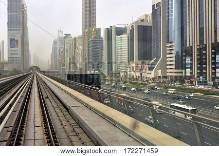 Dubai, United Arab Emirates - February 19, 2017, The Dubai Metro is a driverless, fully automated metro rail network in Dubai, United Arab Emirates