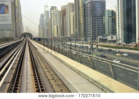 Dubai, United Arab Emirates - February 19, 2017, The Dubai Metro is a driverless, fully automated metro rail network in Dubai, United Arab Emirates