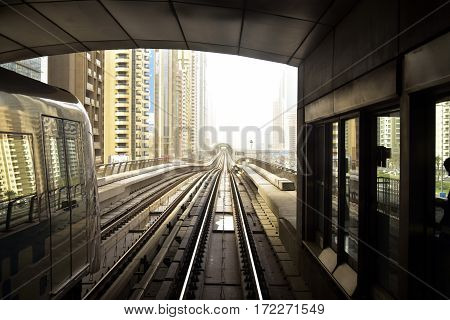 Dubai, United Arab Emirates - February 19, 2017, The Dubai Metro is a driverless, fully automated metro rail network in Dubai, United Arab Emirates