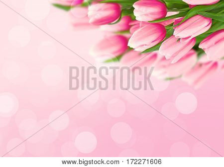 Bouquet Of Tulips On Pink Background With Space For Message. Valentine's Day And Mother's Day Backgr