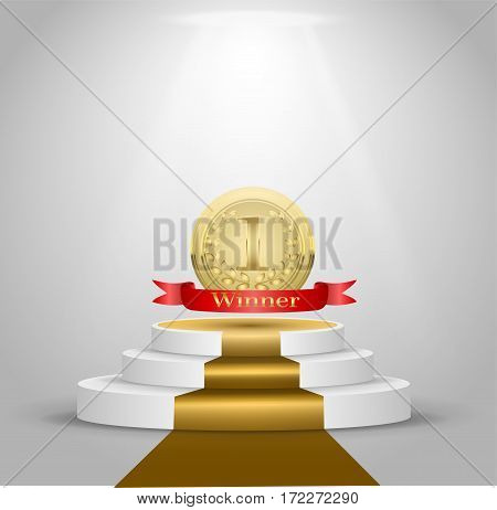 Podium winner of the gold medal first place the presentation. Red ribbon with the inscription winner. Floodlights and a golden path. realistic 3D vector illustration