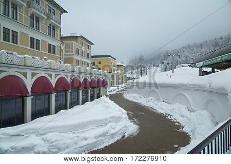 Sochi, Russia - January 21, 2017: Upper Gorky Gorod - all-season resort town 960 meters above sea level in the village of Krasnaya Polyana
