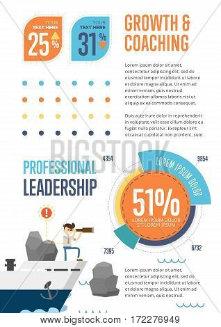 Growth and coaching banner with pie chart and businessman on ship vector illustration. Abstract data visualization elements. Professional leadership concept, business planning and analytics