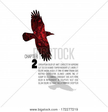 Book chapter layout with letter styled like doodle crow. Flying bird ornamental hand drawn sketch