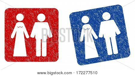 Married Groom And Bribe grunge textured icon. Rounded square with symbol shape hole. Flat style with dust texture. Blue and red variants. Corroded vector stamp with grainy design.