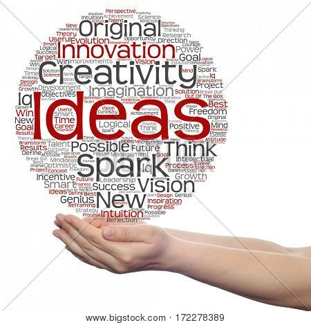 Concept or conceptual creative new ideas or brainstorming circle word cloud in hands isolated on background