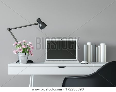 Modern working room interior with black & white minimal style 3d rendering image.There are minimalist style Empty grey wallblack chair and white desk