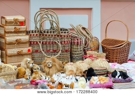 Street trade on Slavonic Bazaar in Vitebsk. Wicker caskets baskets stuffed toys