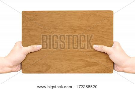 Hand Holding Dark Brown Wood Sign Isolated On Whtie Background,mock Up For Adding Your Text