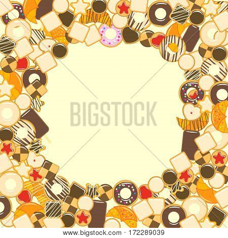 The chaotic frame for your text made of pastries and sweets. Vector illustration.