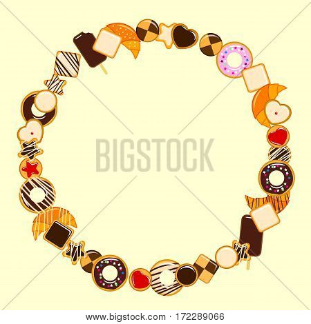 Round frame made of pastry, cookies and eskimo. Vector illustration. EPS 10.