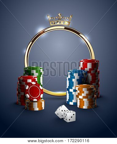 Round casino roulette golden frame with crown stack of poker chips and white dice on deep blue background. Gambling online club vintage poster.