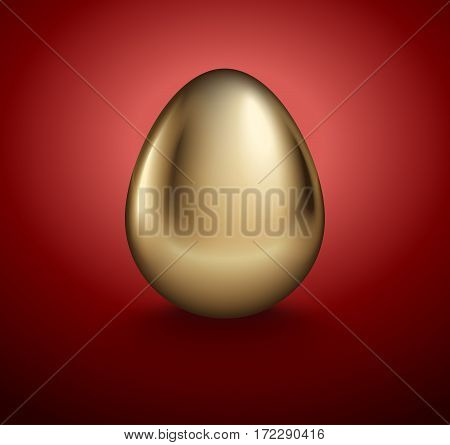 Glossy realistic golden egg. Isolated on red background. Vintage banner card poster for Easter business benefit concept.