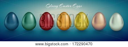 Glossy metallic egg set. Golden silver blue red green orange yellow white color reflect paint. Turquoise deep retro background. Horizontal collection for Easter card or banner design.