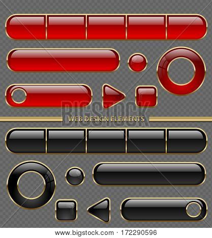 Glossy web button different shape set. Red and black plastic in golden thin frame collection isolated on transparent background.
