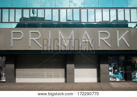 Berlin Germany - February 19 2017: The closed store front of a Primark shop in Berlin. Primark is an international clothing retailer.