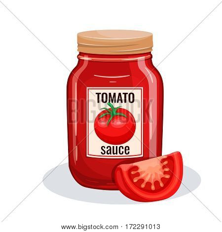 Tomato sauce glass jar. Vector illustration for restaurant menu.