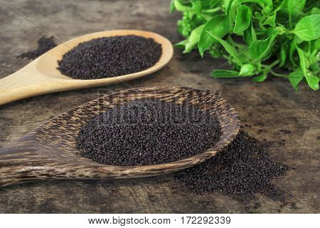 raw basil seed, herb in Thai, aids digestion as a laxative