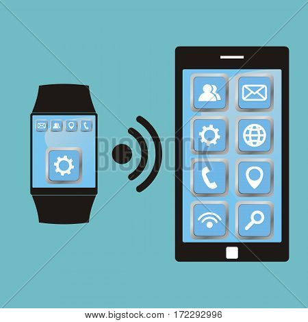 Synchronization between smart watch and smart phone. Smartwatch and smartphone communication. Vector illustration