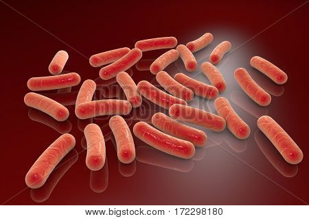 Bacterial infection. Rod-shaped bacteria on plane with shadows and reflections, 3D illustration