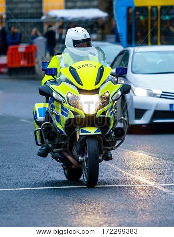 Dublin, Ireland - 19 Feb 2017: Gardai vehicle - Irish Police patrolling Dublin streets