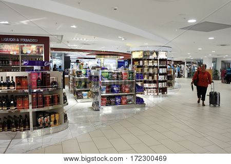 NADI FIJI - FEB 10 2017:Nadi International Airport duty-free section.It handles about 97% of international visitors to Fiji of which are 85% tourists.