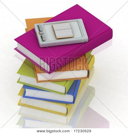 Pocket pc y pilas de libros sobre fondo blanco