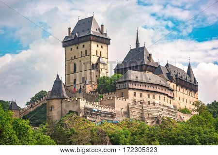 Karlstein Czech Republic - May 26 2016: Karlstein Castle is a large Gothic castle founded in 1348 by King Charles IV Holy Roman Emperor and King of Bohemia.