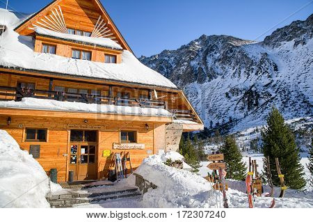 POPRADSKE PLESO SLOVAKIA - JANUARY 21: Mountain hotel Popradske pleso in winter High Tatras mountains on January 21 2017 in Popradske pleso