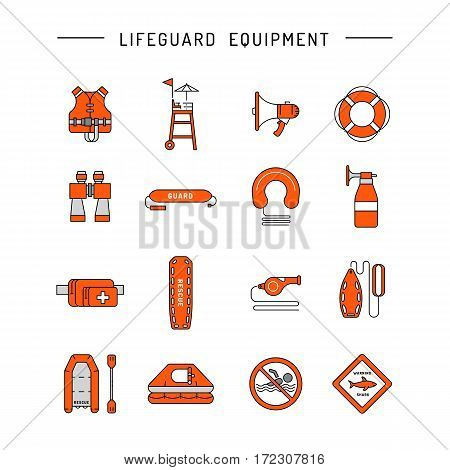 Lifeguard flat outline icons set with with equipment and rescue equipment for the rescue of drowning. Water rescue symbols isolated vector illustration