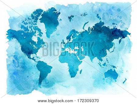 Vintage blue map of the world on a blue background. Watercolor illustration.
