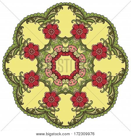 Colored decoration in mandala form. Mehndi style. Decorative pattern in oriental style. Eastern ethnic pattern.