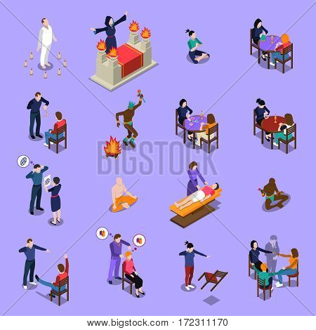Paranormal abilities isometric set with prediction hypnotism voodoo and healer meditation on blue background isolated vector illustration